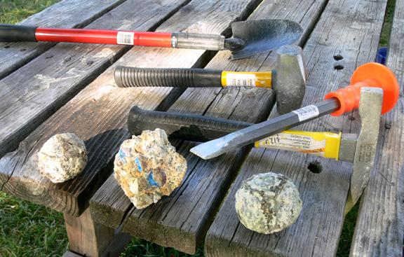 Our tools, with two Thunder Eggs and a rock with inclusions of opal